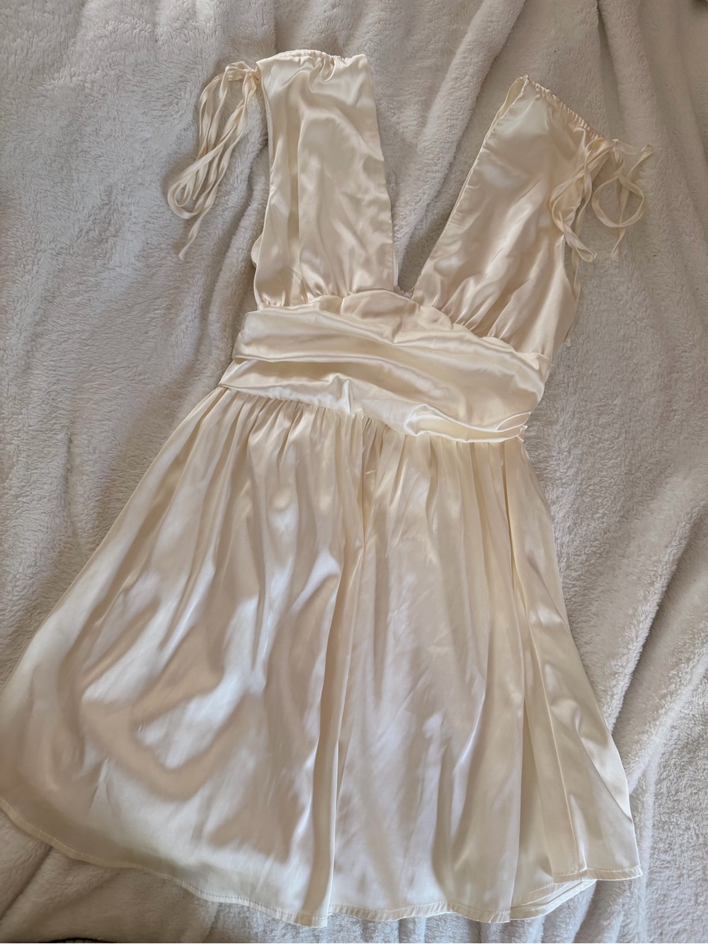 Ivory Satin Deep V Tie-Shoulder Mini Dress - Picture 2 of 4
